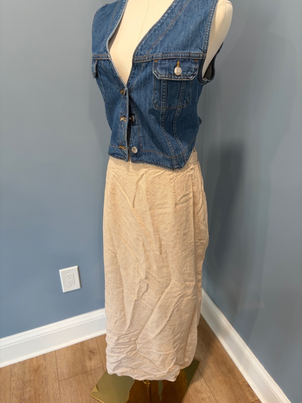 Old Navy Linen Blend Midi Skirt Beige Neutral Minimalist Elastic Waist Size M - Picture 2 of 7